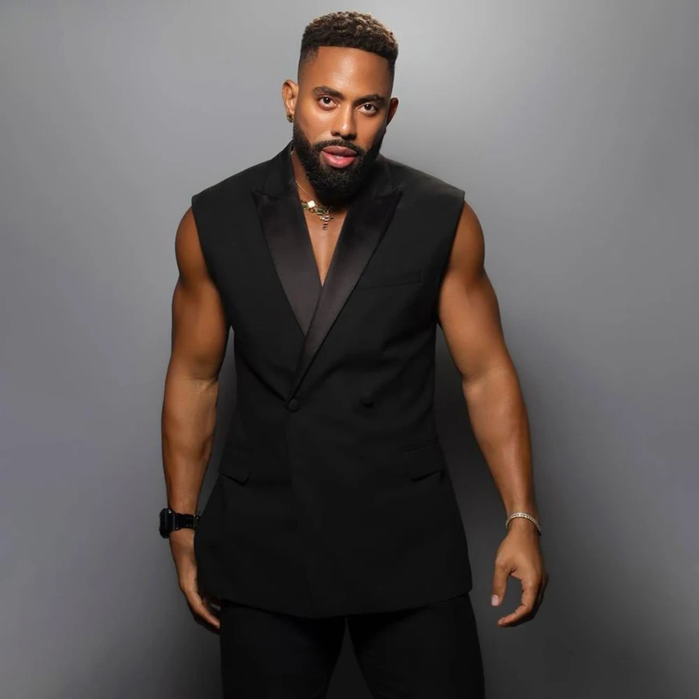 

Casual Black Men's Pants Sets Suits Leisure Sleeveless Vest Tops With Pants Elegant Double Breasted Waistcoat 2 Piece Outfits