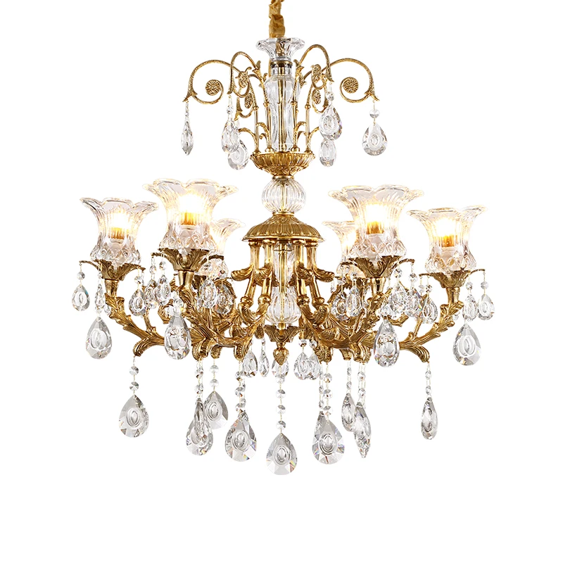 French Style All Copper Chandelier Living Room Dining Hanging Lighting Antique Luxury Brass Led Crystal Chandelier Light