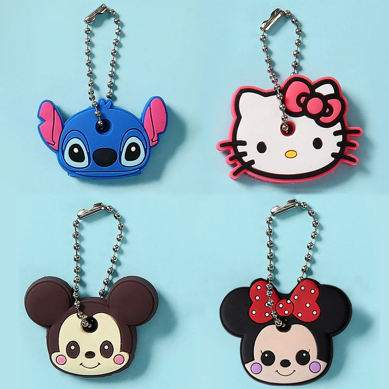 1/4Pcs Stitch Hello Kitty Mickey Minne Key Protective Caps Anime Lilo&Stitch Cartoon Modeling Silicone Key Cover Keychain Holder