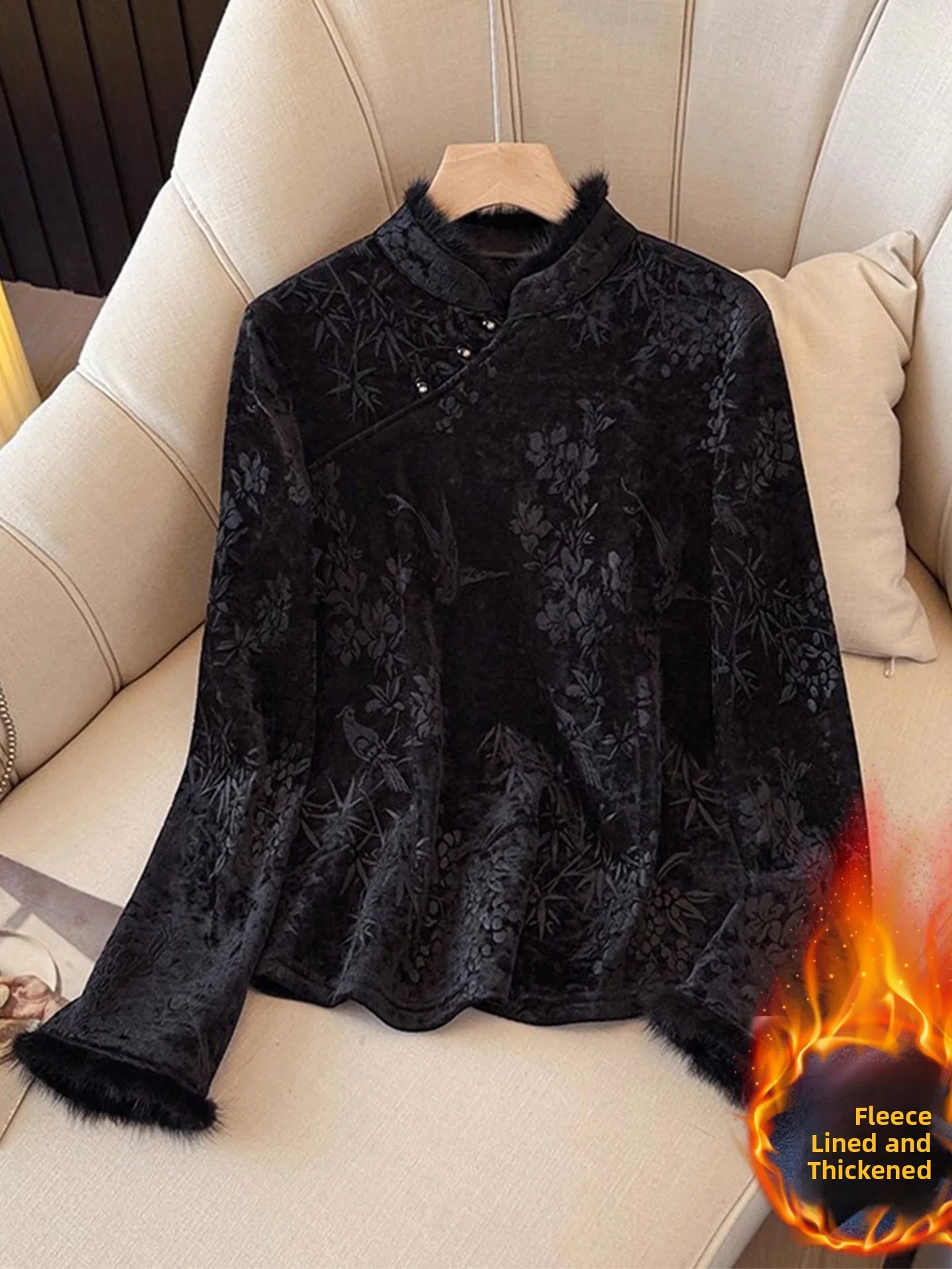 

Thiened Fce Long Sve Bla irt New Chinese Sle Women's plus Size Faionable Winter Top Trendy Age-Defng Upperwear