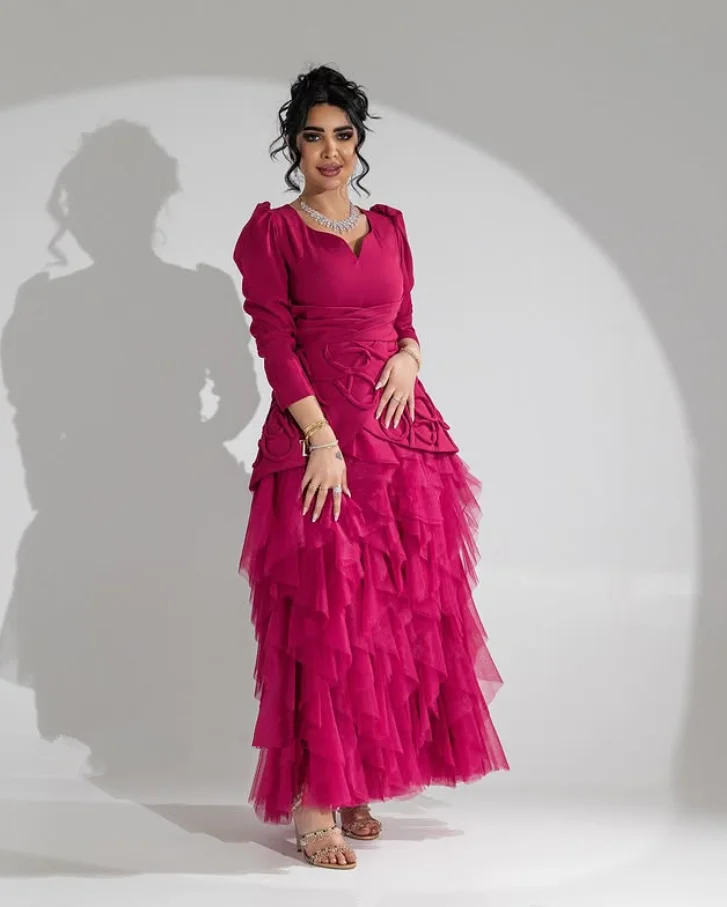 Fuchasia 발목 길이 아랍어 댄스 파티 공식 드레스 긴 소매 프릴 투투 스커트 맞춤형 이브닝 가운 فساتين سهرة