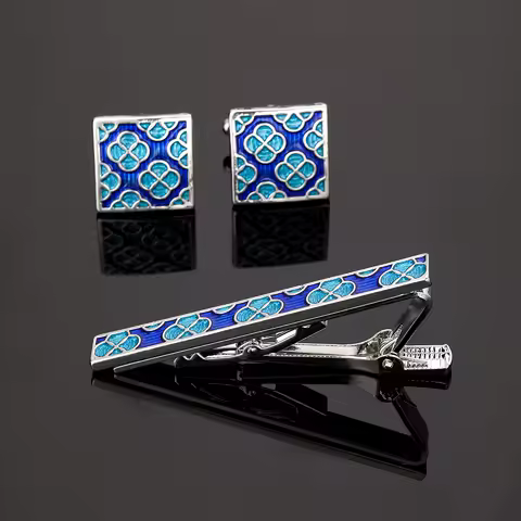 Funny Blue Flower Pattern Deisgn Mens Cufflinks&amp;Tie Clip Set 4 Colors Keyboard Shaped Sleeve Button