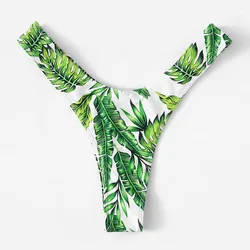 Low Waist Bikini Bottoms Swimsuit Sexy Hawaii Leaf Print G-String Bath Bottoms Push Up High Cut Micro Swimming Thongs Tangas