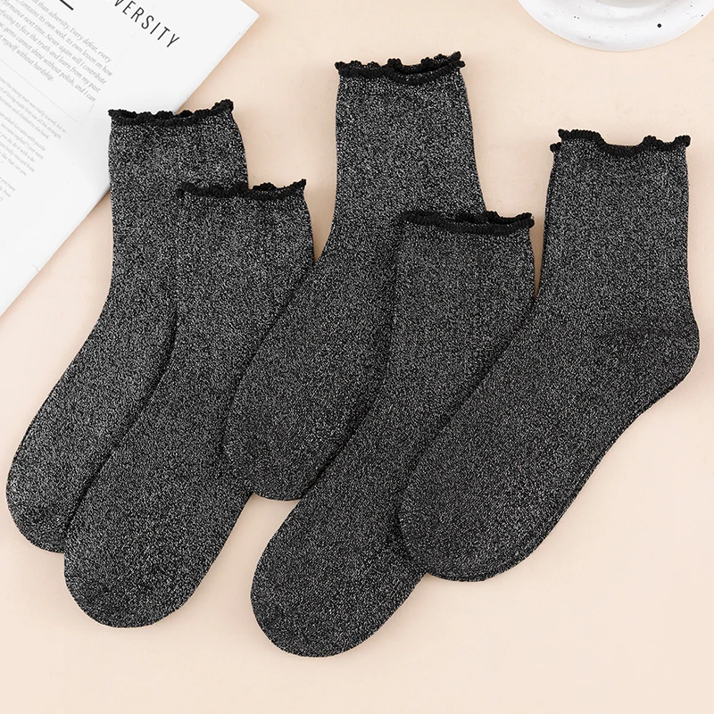 1/3/5/10 Pairs Women's Trendy Sparkly Ruffle Trim Design Comfortable Breathable Mid-Calf Socks