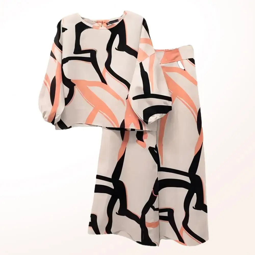 2025 Set da donna in due pezzi Camicetta vintage Pantaloni a gamba larga Set di abiti da donna con motivo floreale bohémien con camicetta a maniche a 3/4 per Wor