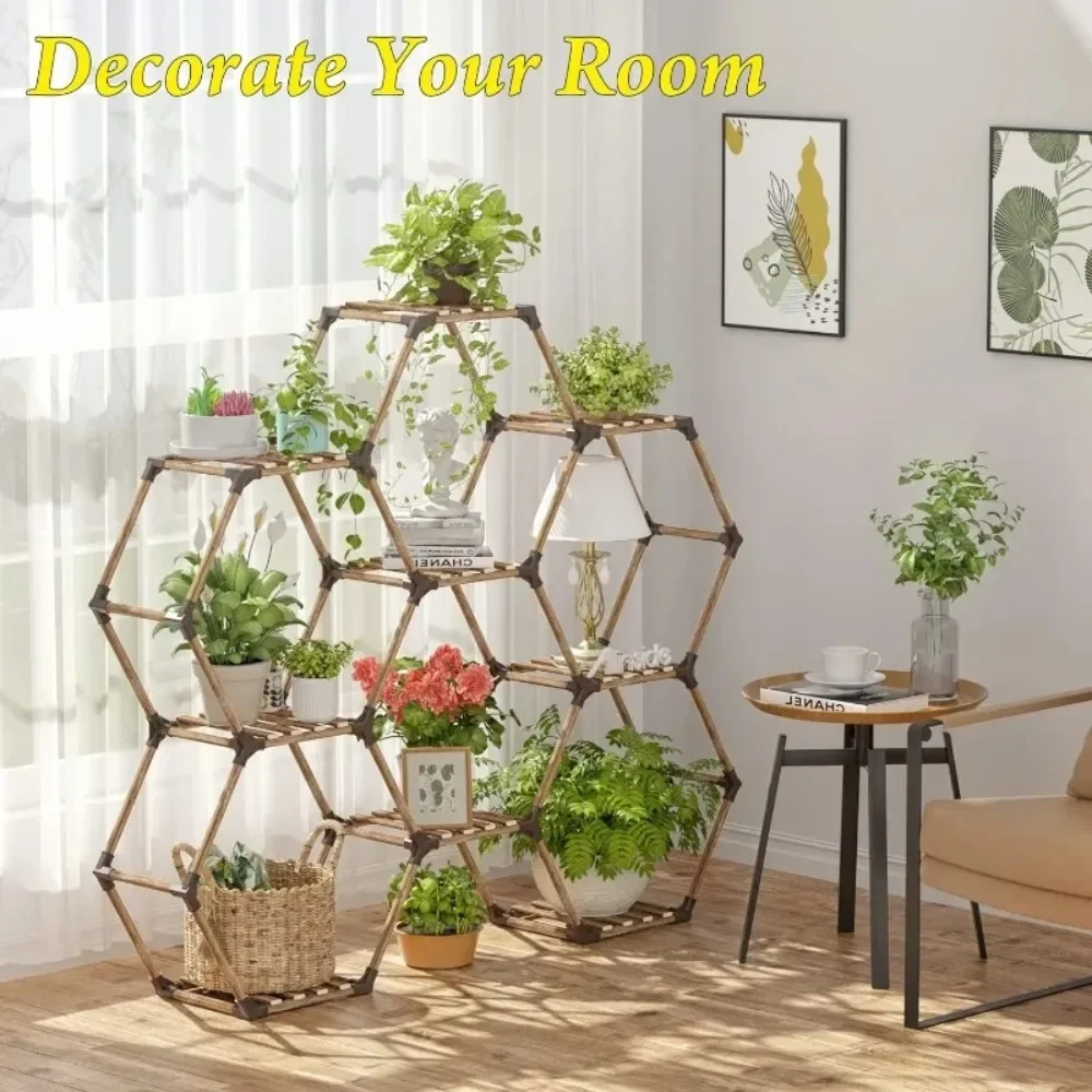 Hexagonal Plant Stand Indoor, Wood Outdoor Plant Shelf for Plants,Ladder Plant Holder Transformable Pot Stand for Corner