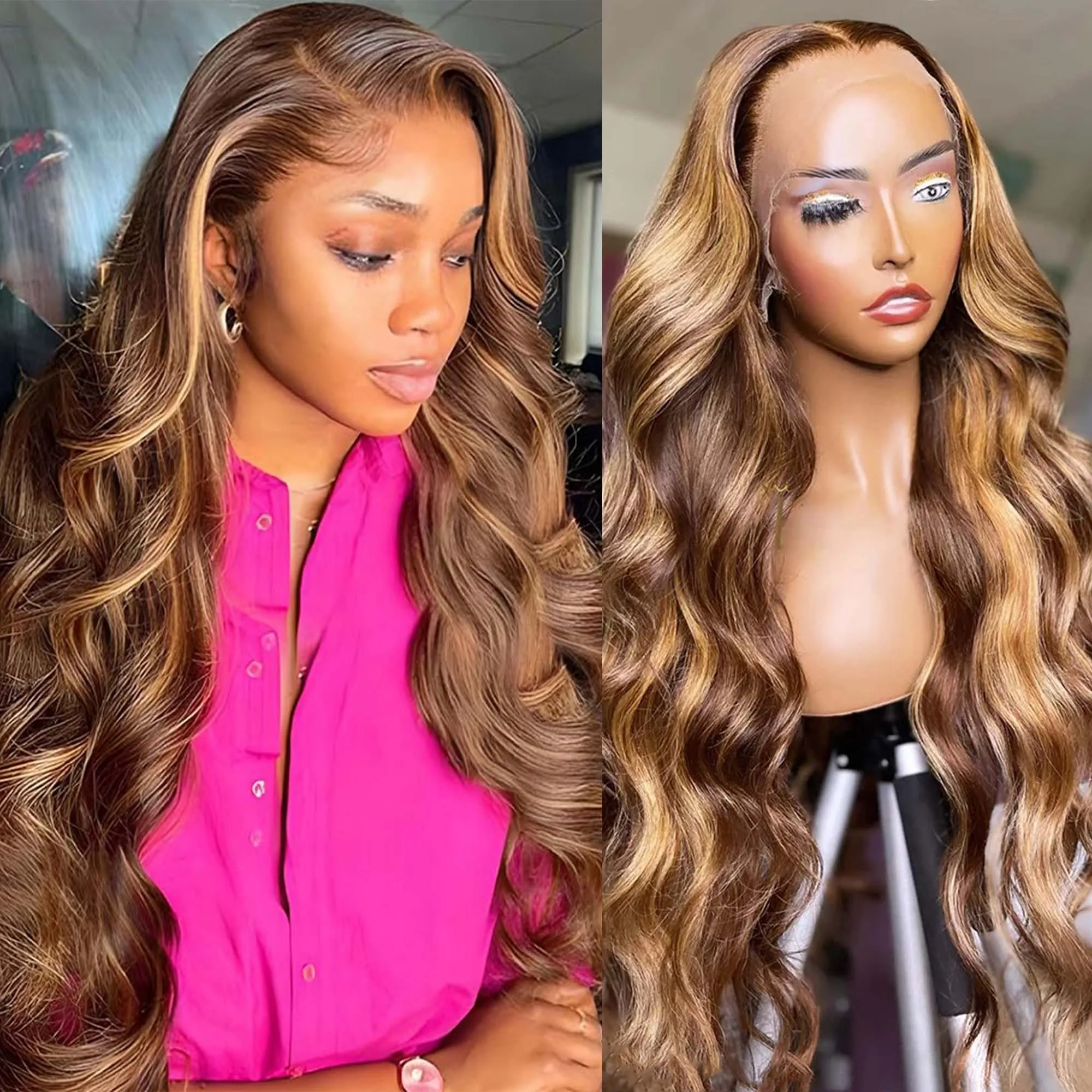 

Body Wave 4/27 Highlight 13x6 Lace Frontal Human Hair Wigs Pre Plucked Transparent Lace Loose Wavy Ombre Blonde Piano Color Hair