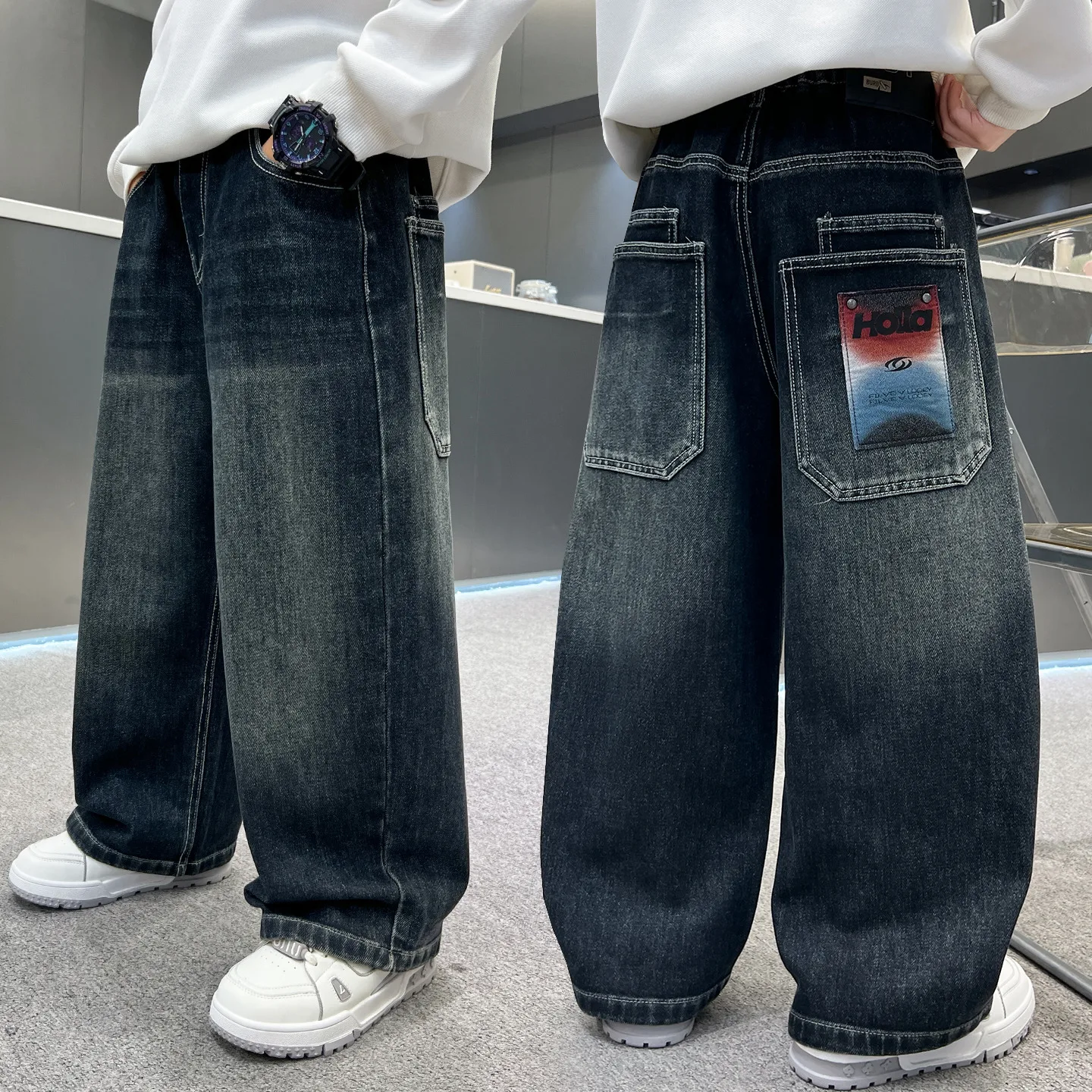 

Boys Straight Denim Pants 2025 Children's Spring&Autumn New Jeans Teenager Boy Stylish Handsome Tag Pocket Pants Casual Trousers