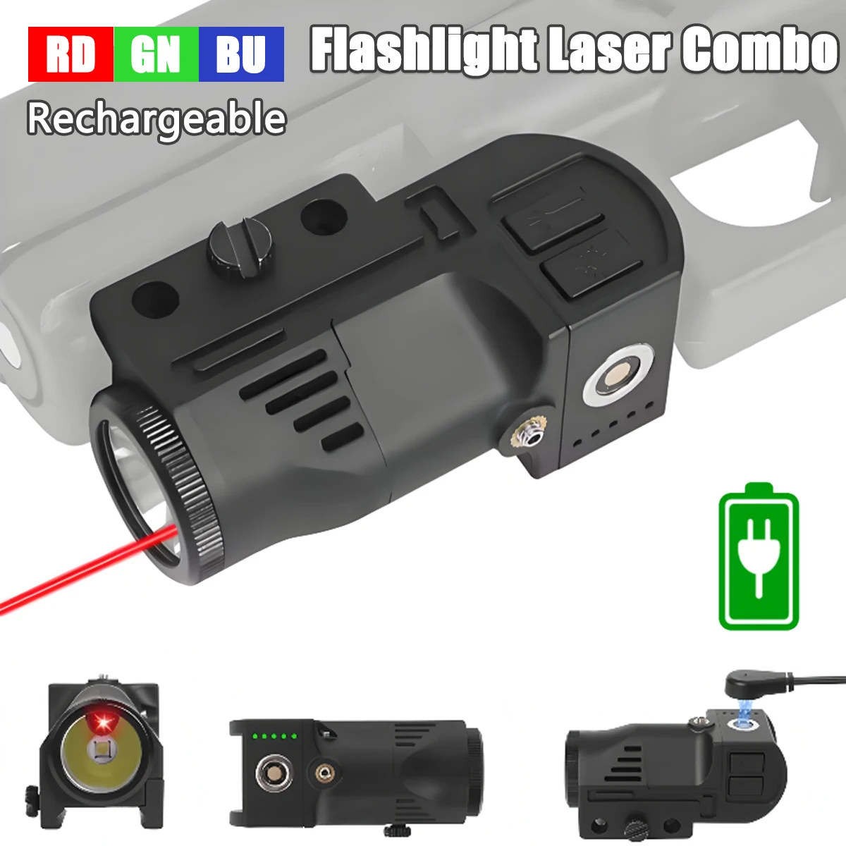 Rechargeable LED Flashlight RD/GN/BU Laser Combo 500 Lumens Torch Magnetic Charging for G17 19 Strobe Light Lamp Fit 20mm