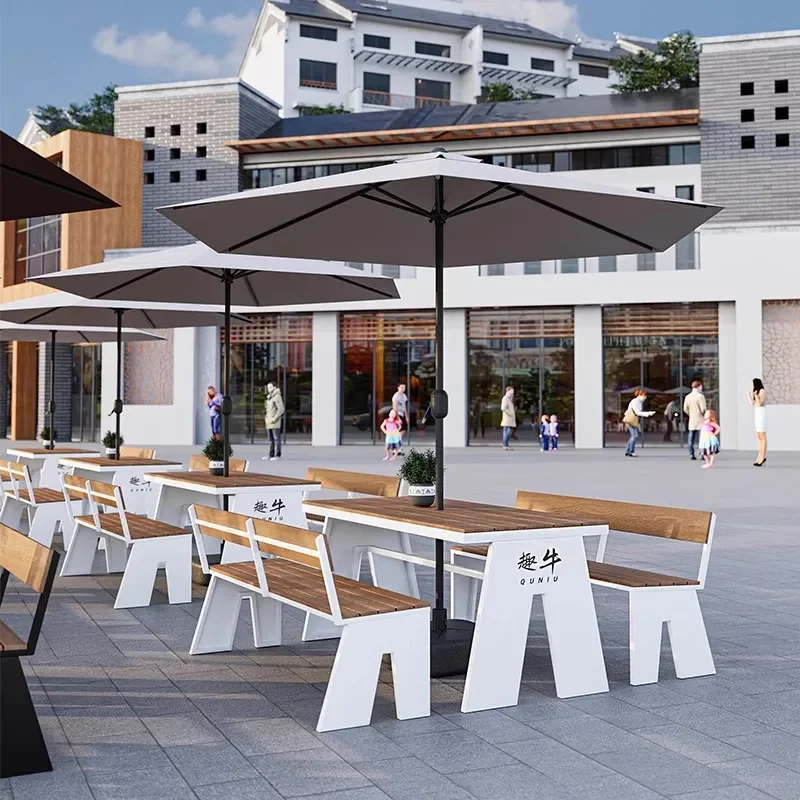 Outdoor Sunscreen Table and Chair Set for Commercial Street Music Bar Lounge Area Open Air Dining Table with Bench