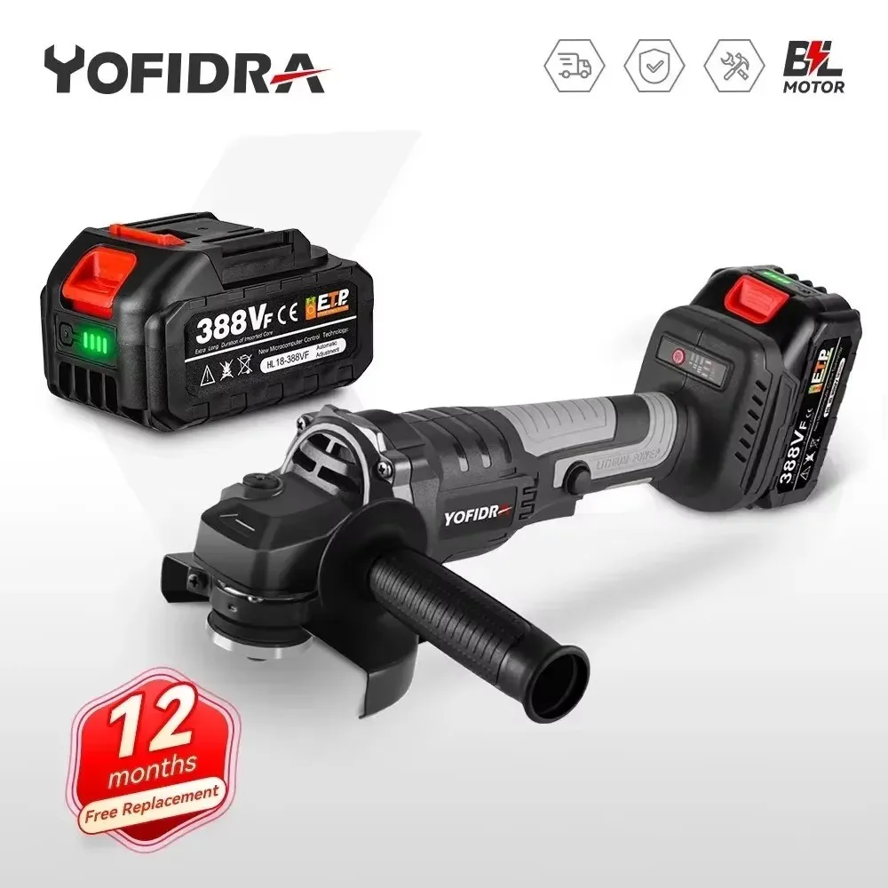 Yofidra 125mm Brushless Angle Grinder 3 Gears Cordless Efficient Wood Cutting Polishing Power Tool  For Makita 18V Battery