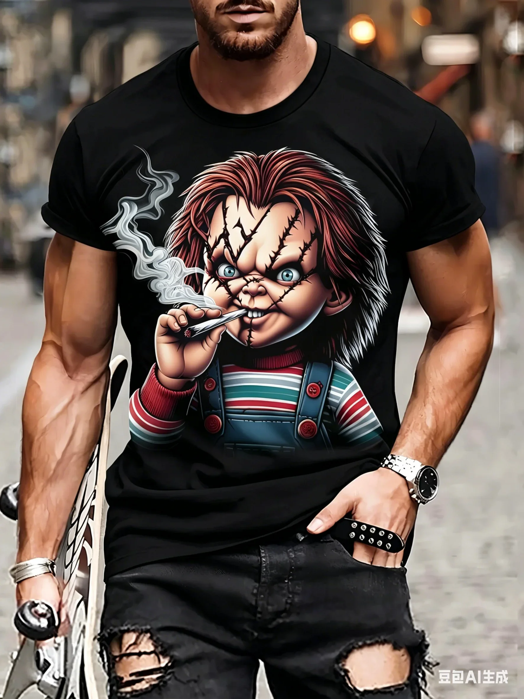 Men's Streetwear Hip-Hop T-Shirt 3D Ghost Doll Pattern Printed Tops Summer Casual Daily Tees Retro Horror Men's Clothing