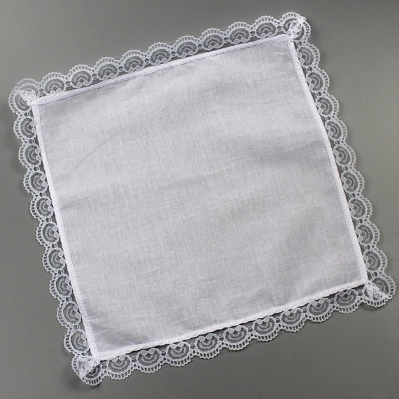 Portable Tie-dye Lace Trim Cotton Handkerchief for Woman Man Gentleman White Cotton Handkerchief Lace Trim Handkerchief D5QB