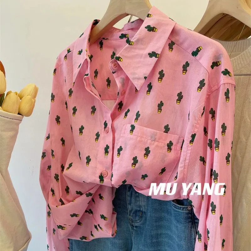 2024 New High-quality Cactus Powder Shirt for Women Slimming and Loose Printed Shirt