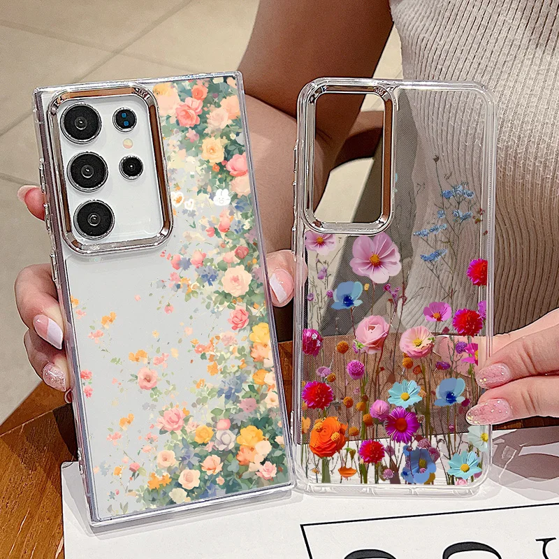Funda de flores con lente chapada para Samsung Galaxy S24 S23 Ultra Capa S22 S21 Ultra S20 FE A52 A53 A16 A14 A34 A15 A25 A35 A55 A54 5G