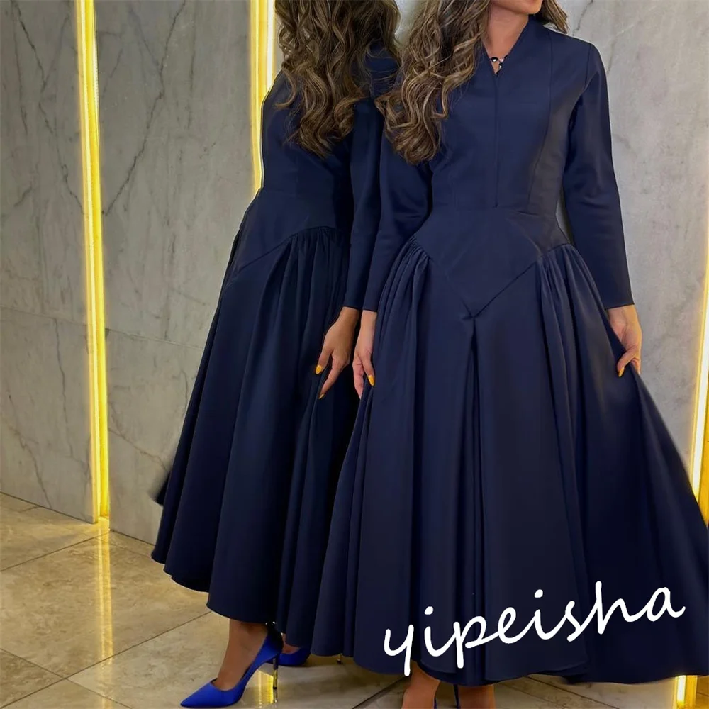 Customized Simple V-neck A-line Anke Length Prom Dresses Draped s Formal Occasion Gown quinceanera dresses فستان سهرة نسائي اعرا