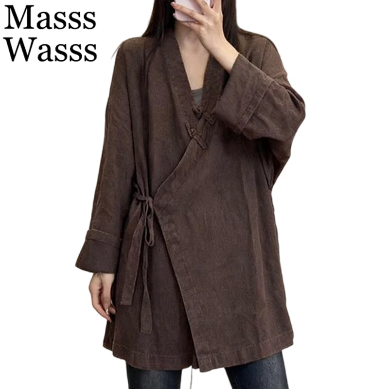 

Masss Wasss 2026 Chinese Spring Fashion Long Sleeve Coats Women Loose Vintage V Neck Trench Ladies Casual Classic Windbreakers