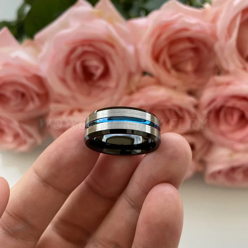 Tungsten Carbide Rings Finger Promise Engagement Fashion Wedding Band Blue Black Comfort Fit