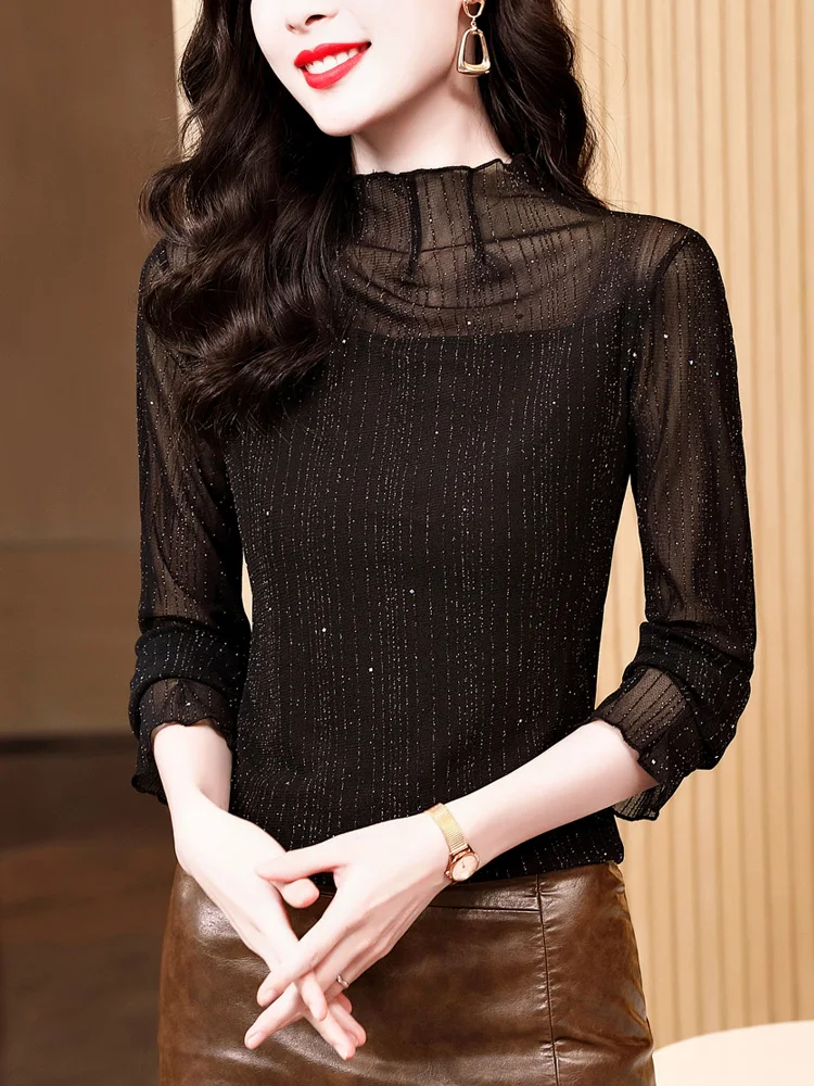 2024 Korean Version Striped Sheer Shinny Silk Female T-shirt Autumn Winter Woman M-3XL Long Sleeve Solid Stand Collar Slim Mesh