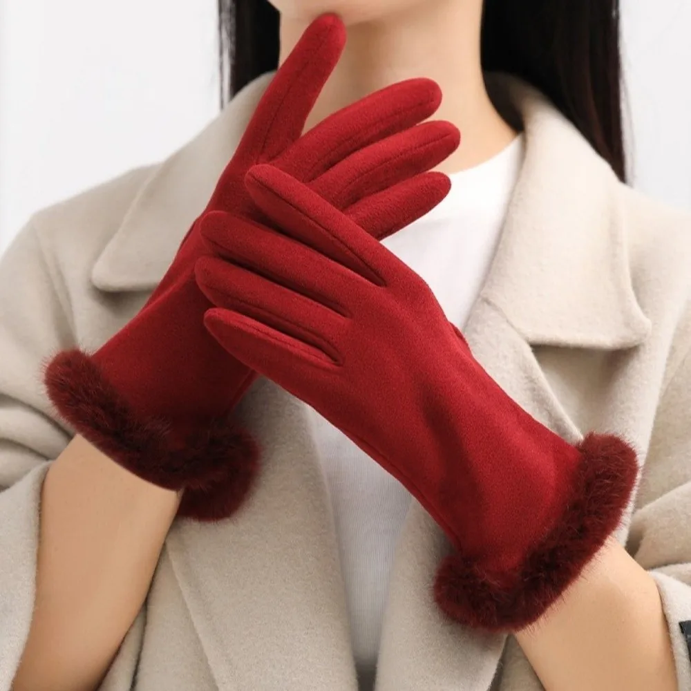 

Fashion Solid Color Suede Gloves Windproof Touch Screen Cycling Mittens Thicked Warm Full Fingers Mittens Skiing
