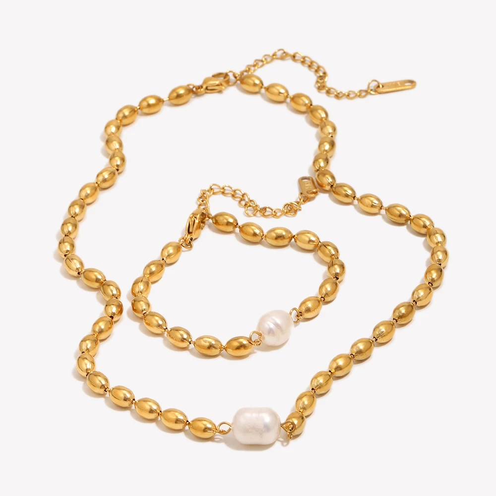 E.B.belle Oval Shape Stainless Steel Beads Freshwater Pearl Necklace Ladies Elegant Basic Beaded  Chain Necklace Jewelry