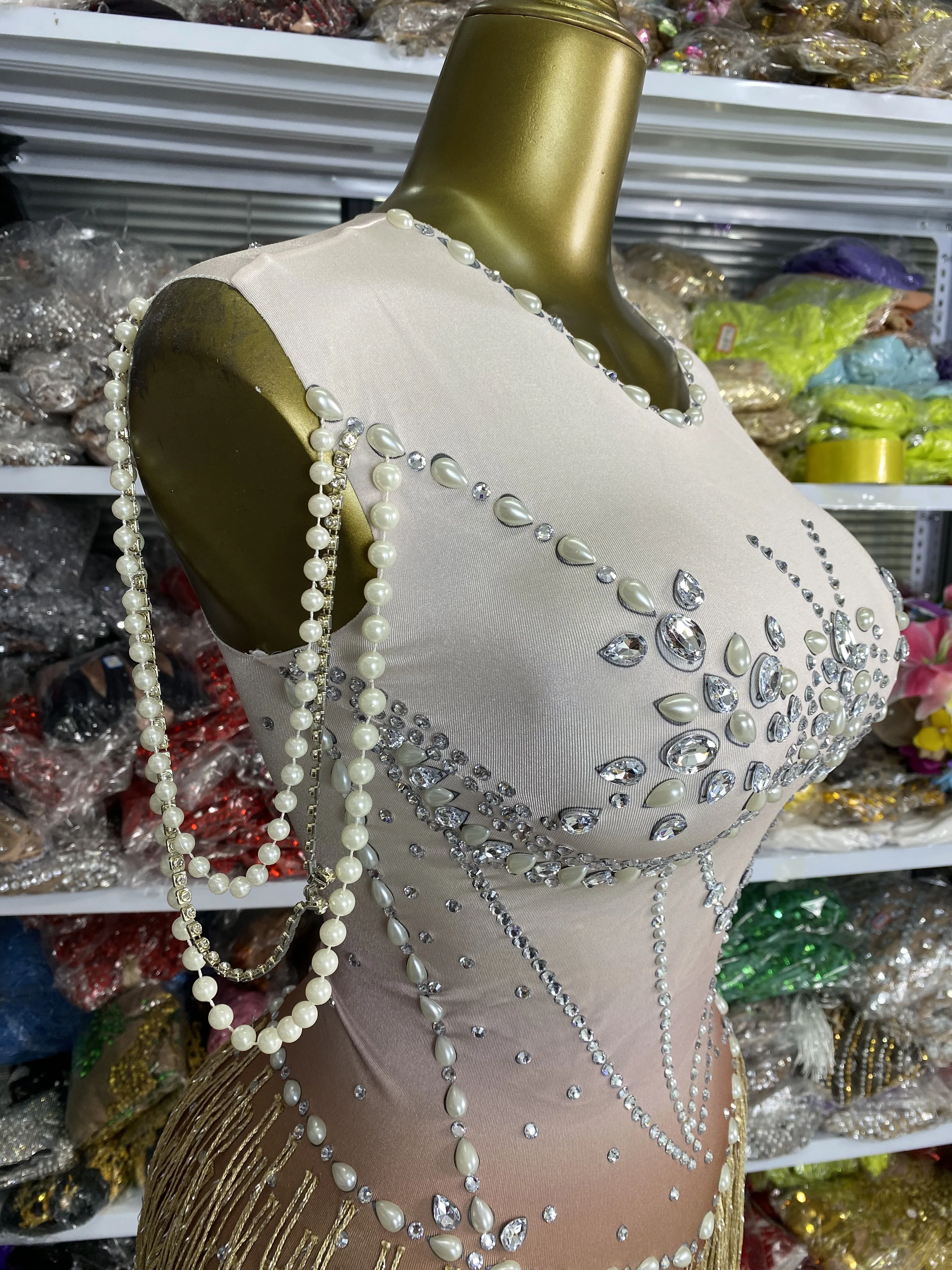 

Женский высокоэластичный купальник со стразами и жемчугом, Золотая кисточка, спандекс, купальник Gogo, танцевальные костюмы, ночной бар, вечерний клубный вечерние боди