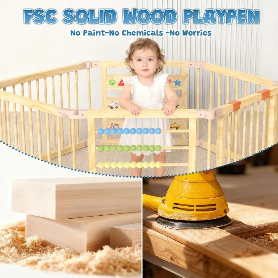 Foldable Wooden Baby Playpen with Gate, Wood Play Yard with Educational Abacus, Alphabet Board & Child Proof Lock, 57×30×23 inch