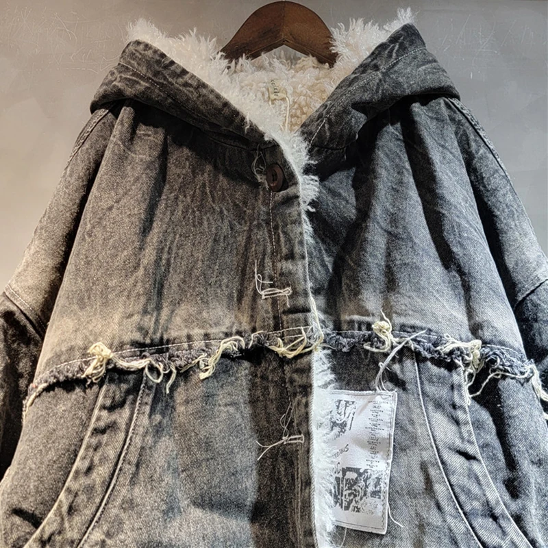 KBQ Patchwork Pockets Chic Denim Jackets For Women Hooded Long Sleeve Spliced Feathers Vintage Coats Female Fashion Style New
