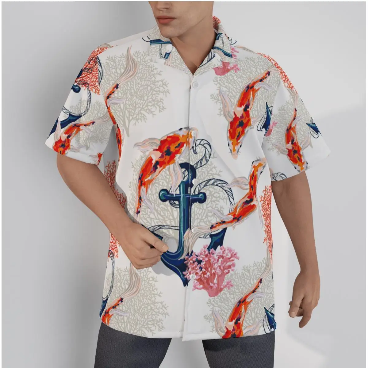 

Men's Hawaiian Shirt Japanese Style Koi Print Beach Short Sleeve Summer Casual Button Up Patchwork Tops 3D Shirts