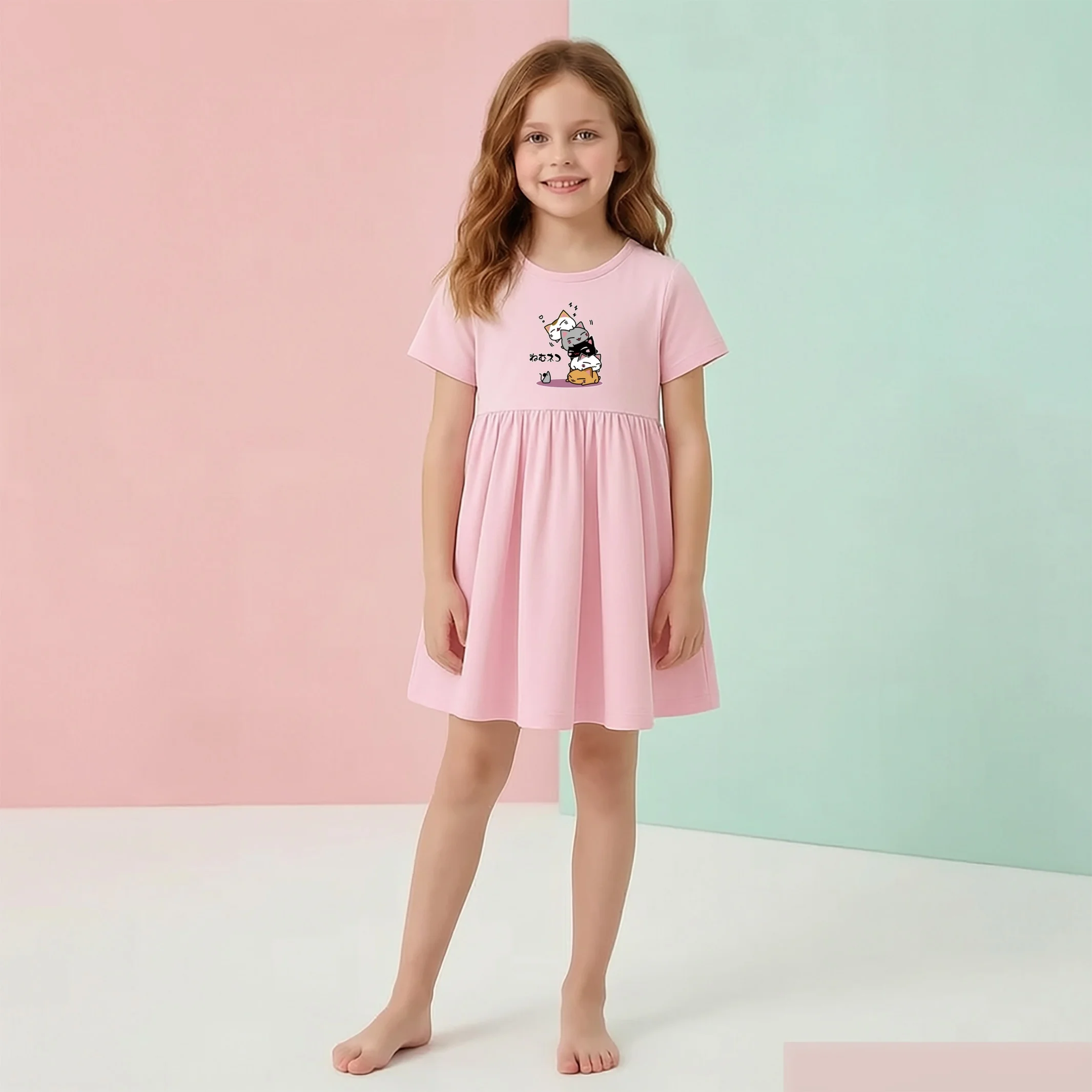 Cute and Funny Cat Dress For Toddler Girls Short Sleeved Cotton Clothes Mouse Cartoon Printed Dresses 3-14T