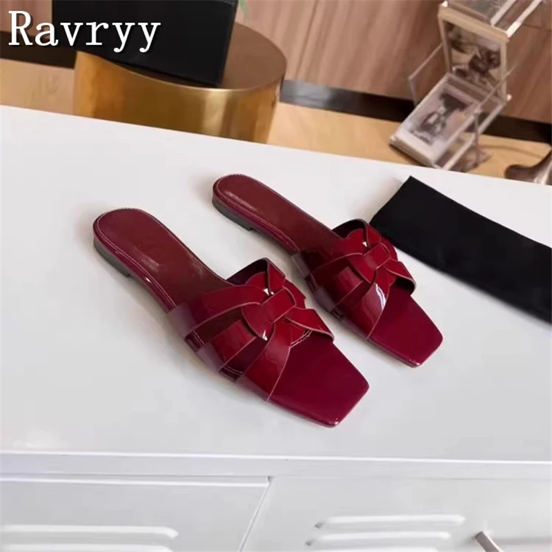 Women Open Toe Candy Color Summer Slippers Genuine Leather Buckle Knot Flat Bottom Mules Casual Outside Beach Slippers