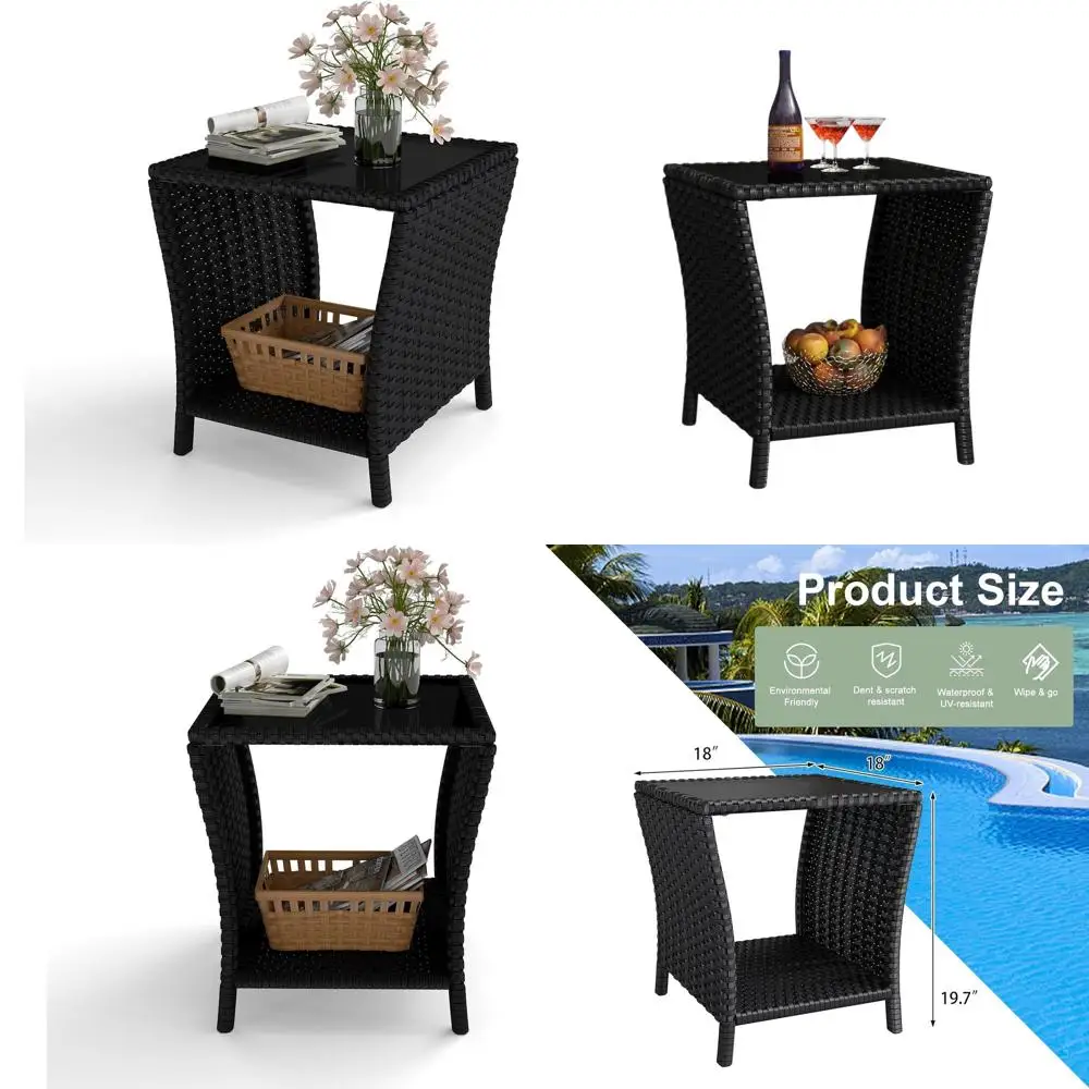 

Durable Outdoor Wicker Side Table with Tempered Glass Top and Storage Shelf for Patio and Balcony