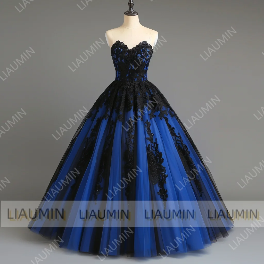 Hand Made Blue And Black Lace Applique Prom Dress Elegant Strapless Lace-up Evening Prom Stunning Dresses Customized W11-9