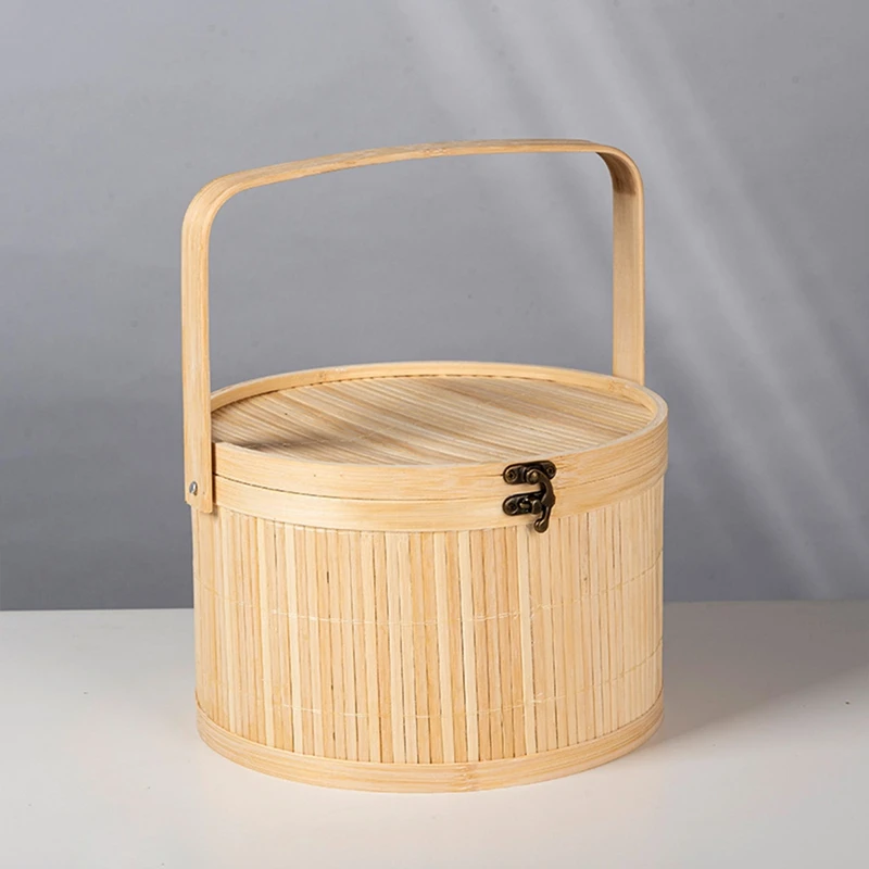 AS60-Bamboo Woven Baskets Antique Colored Pastry Specialty Gift Basket Vintage Bamboo Woven Lunch Box Basket