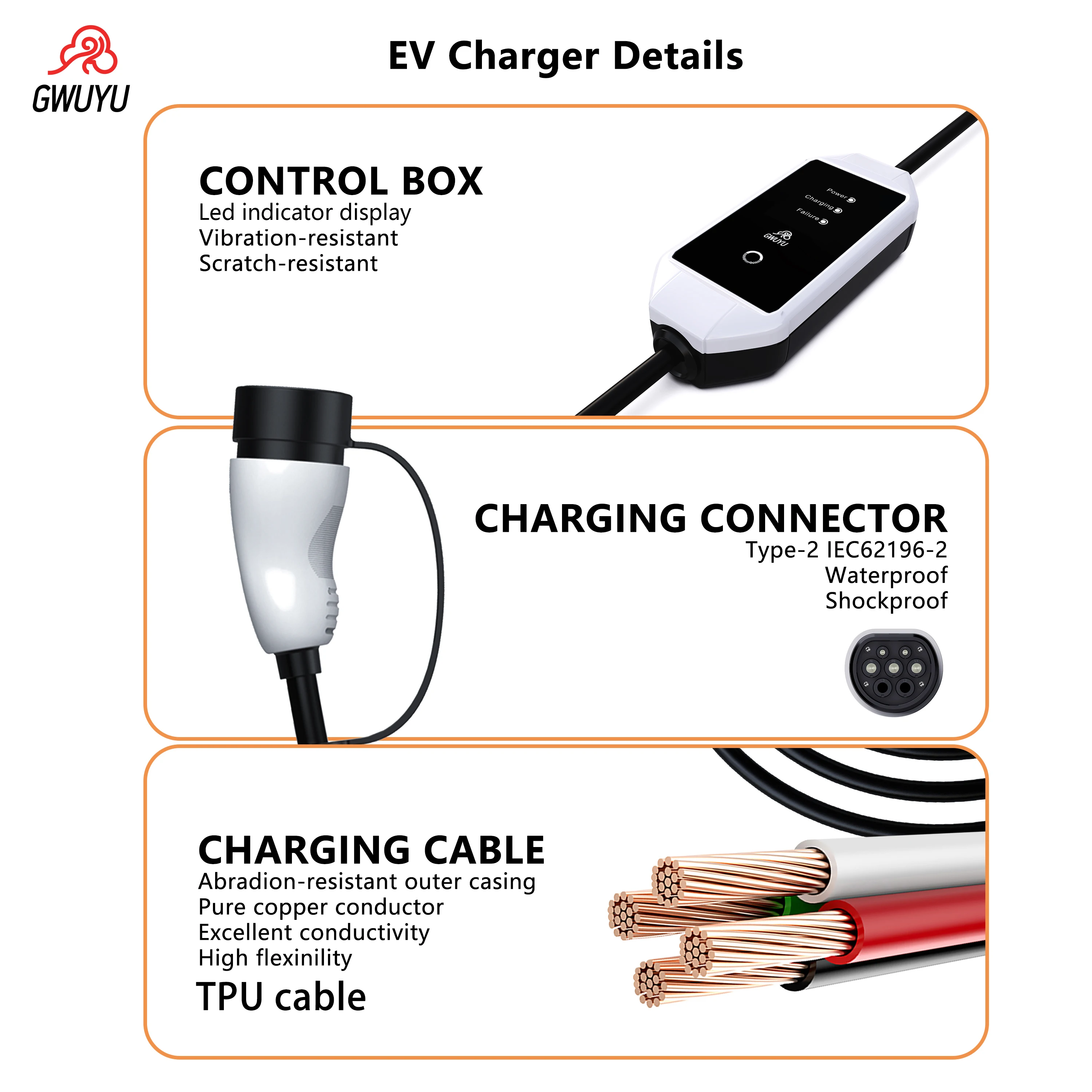 GWUYU شواحن السيارات المحمولة 7KW Type2 الحالي قابل للتعديل 5 متر مركبة كهربية SAE J1772 محطة شحن السيارة