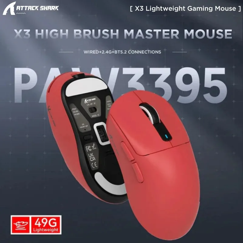 Imagem -02 - Ataque Tubarão x3 Mouse Bluetooth sem Fio Design Ergonômico Tri-mode Leve Recarregável Gaming Mouse Pixart Paw3395 Venda Quente