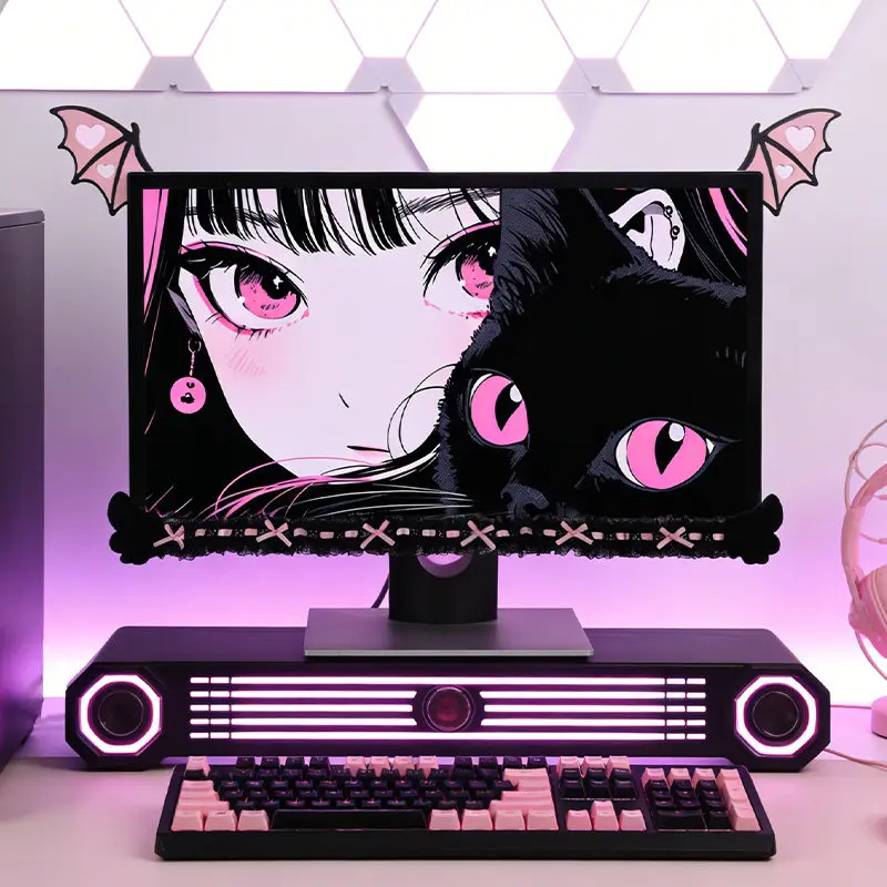 Custom QiaoQiaoMei Little Devil Monitor Bezel Sticker,Lace Trim Maiden Style,Gaming Desk Soft Decor,Removable Non-Residue Border