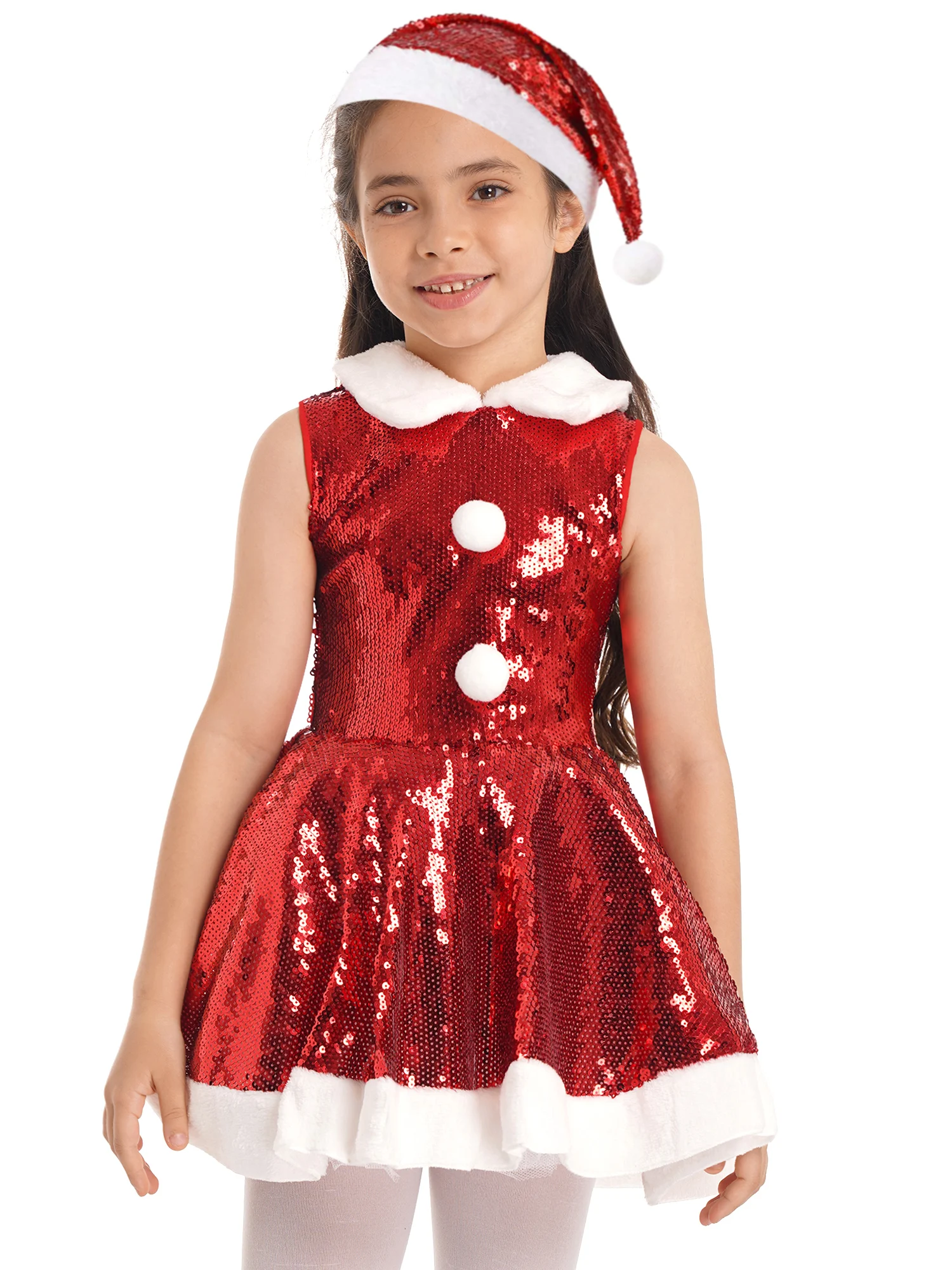 

Kids Girls Sequins Christmas Cosplay Dress Tutu for Stage Performance with Santa Claus Hat Set Xmas New Year Fancy Party Costume