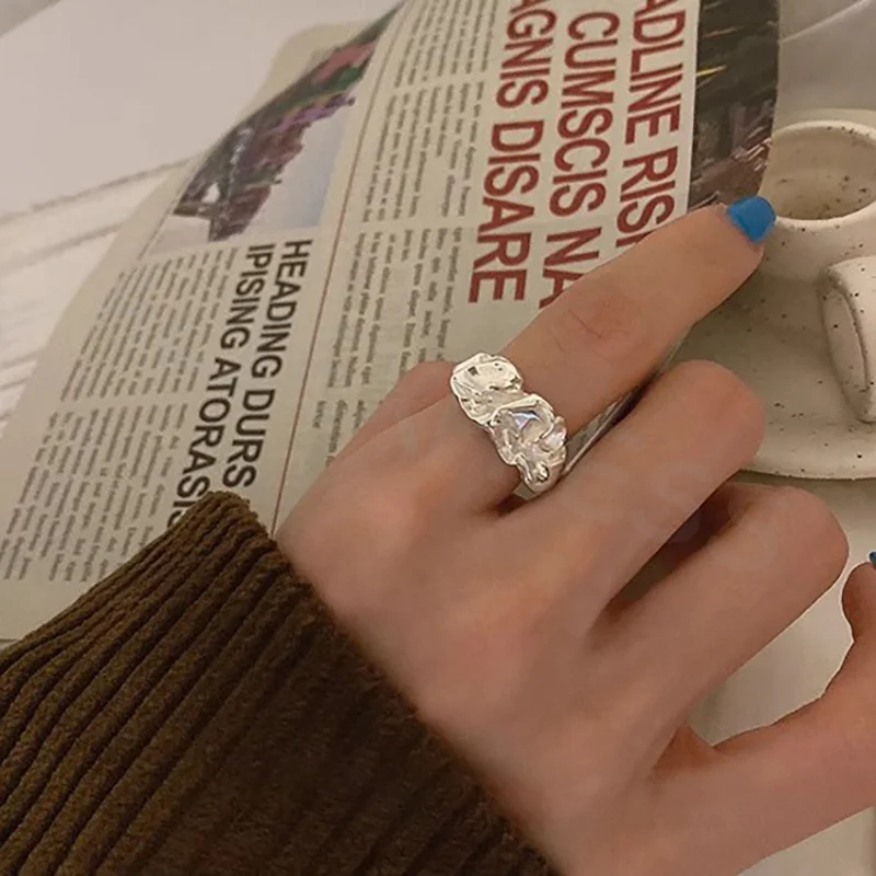 خاتم مفتوح فضي اللون للأزياء الراقية، تصميم هندسي غير منتظم، إكسسوار حفلات مثالي للنساء، فكرة هدية مثالية