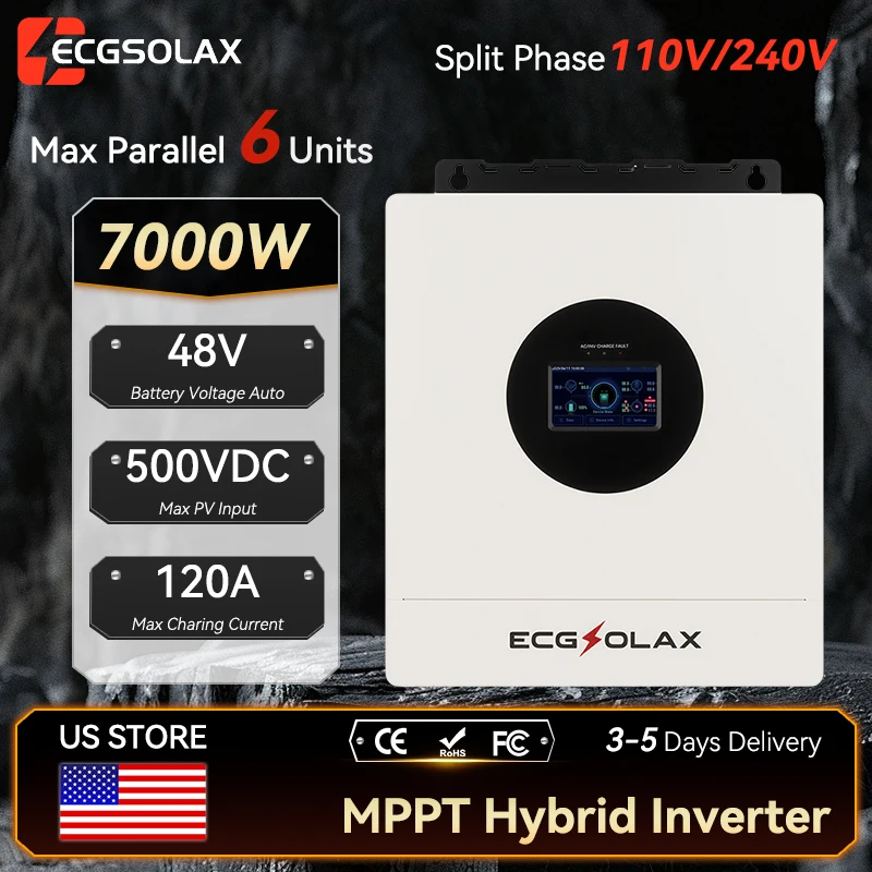 

ECGSOLAX 7KW Hybrid Solar Inverter Split-Phase 120V 240V 48V Pure Sine Wave Hybrid Inverter With MPPT 120A Charger Built in WIFI