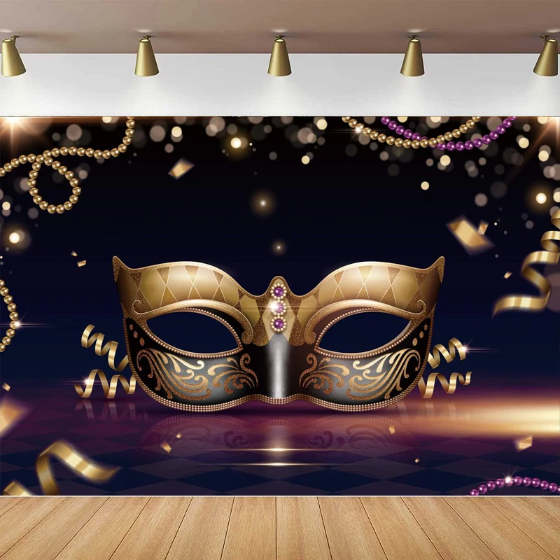 Mardi Gras Masquerade Party Photography Backdrop Golden Mask Black Retro Pattern Bachelorette Party Decoration Background