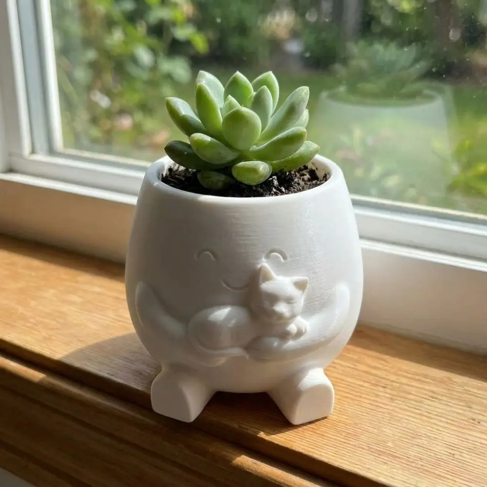 3D Printed Hugging Cat Succulent Planter Pot Happy Expression Novelty Shy Cover Eyes Character Plant Pot Lifelike Cartoon