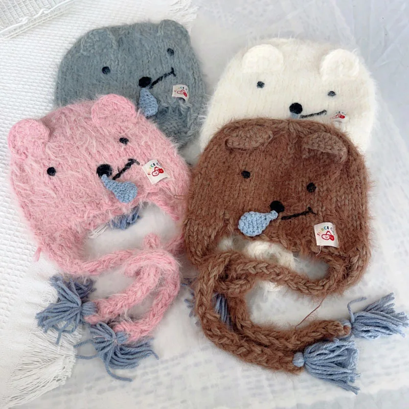 

Cute Cartoon Koala Ears Snot Headgear Female Autumn and Winter Ear Protection Warm Face Small Knitted Wool Hat Tide 2025