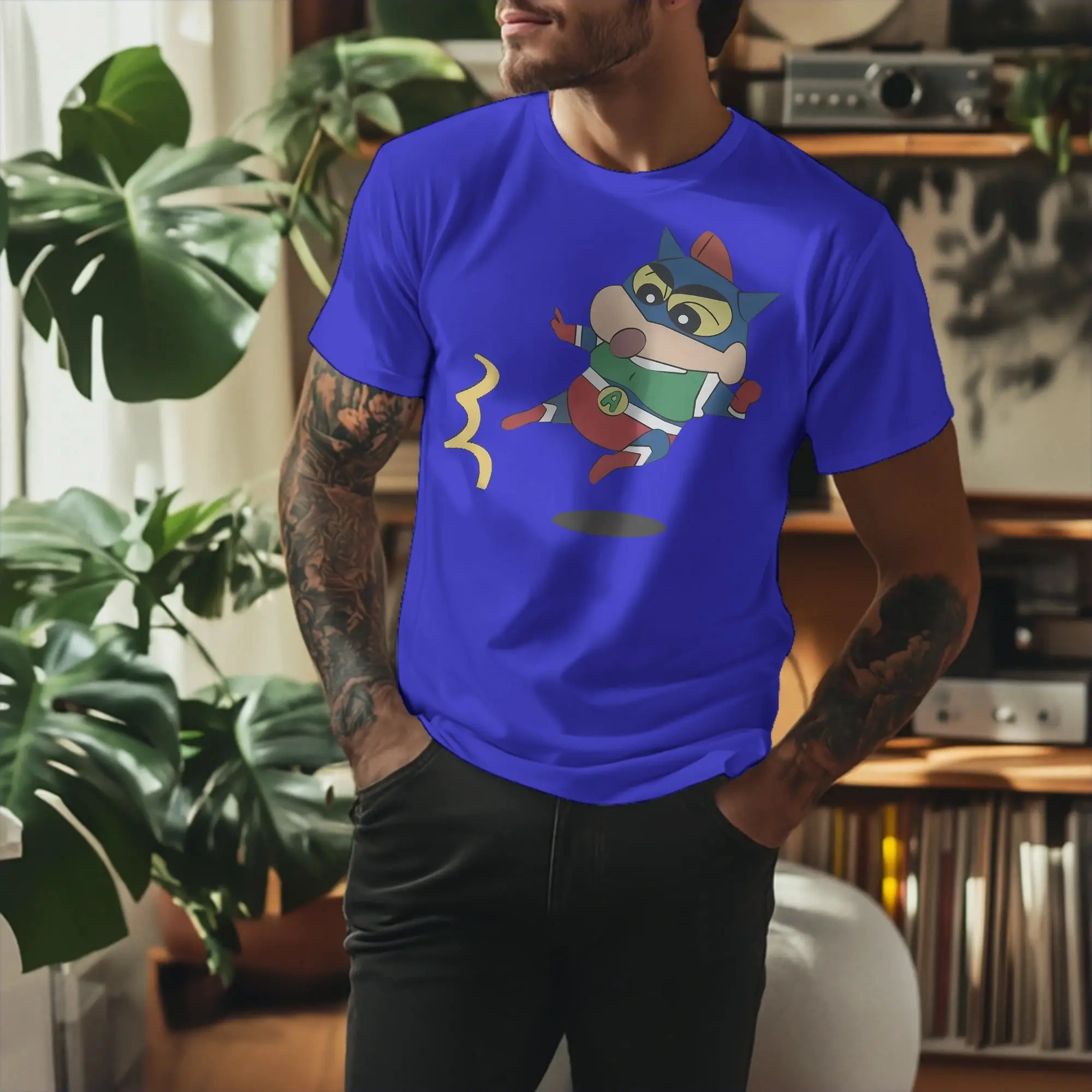 Vintage Action Mask T Shirt Men's Crewneck Short Sleeve Tops Crayon Shin-chan 100%Cotton Summer Top Tee