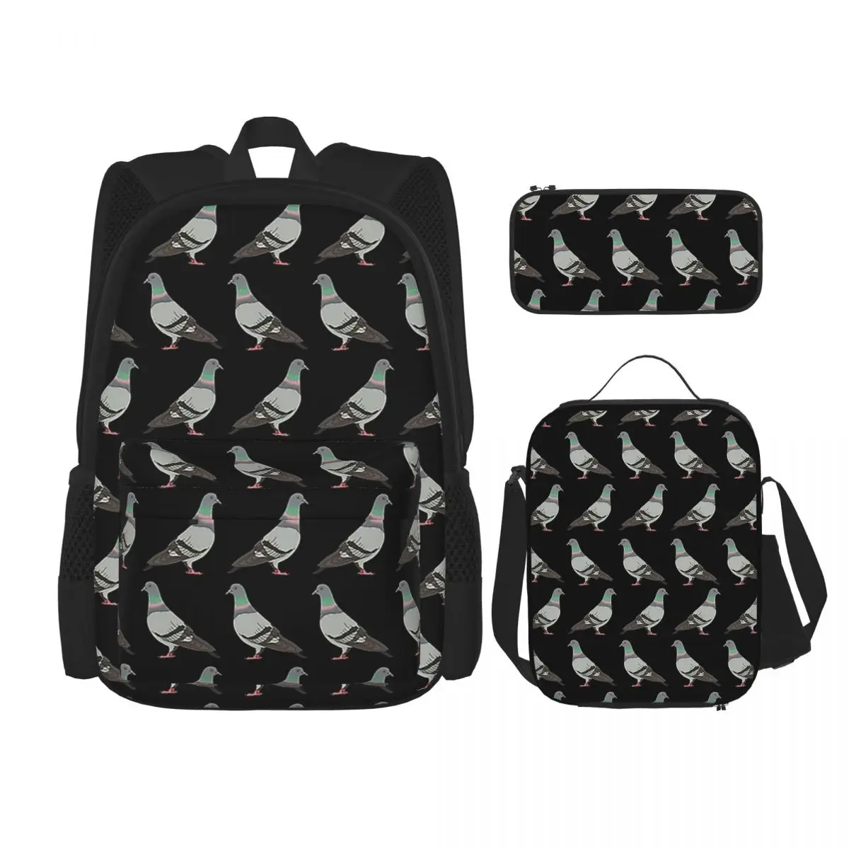 Mochila Pigeon Walk-fundo preto para estudantes, mochilas escolares, mochila dos desenhos animados, lancheira, bolsa de caneta, conjunto de 3 peças, 2020