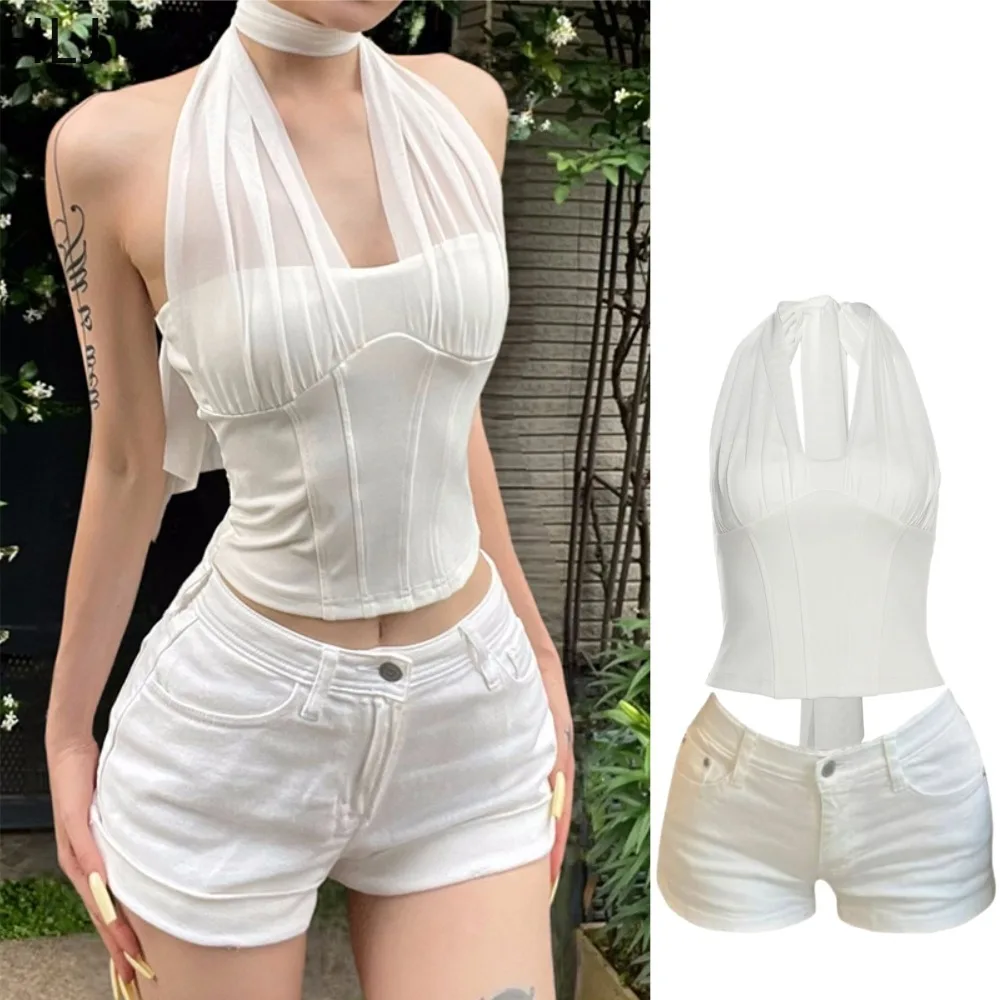 

HLJ Y2K Women's White Halter Corset Top + Denim Shorts Two Piece Set Sheer Mesh Sleeveless Casual Streetwear Matching Outfit