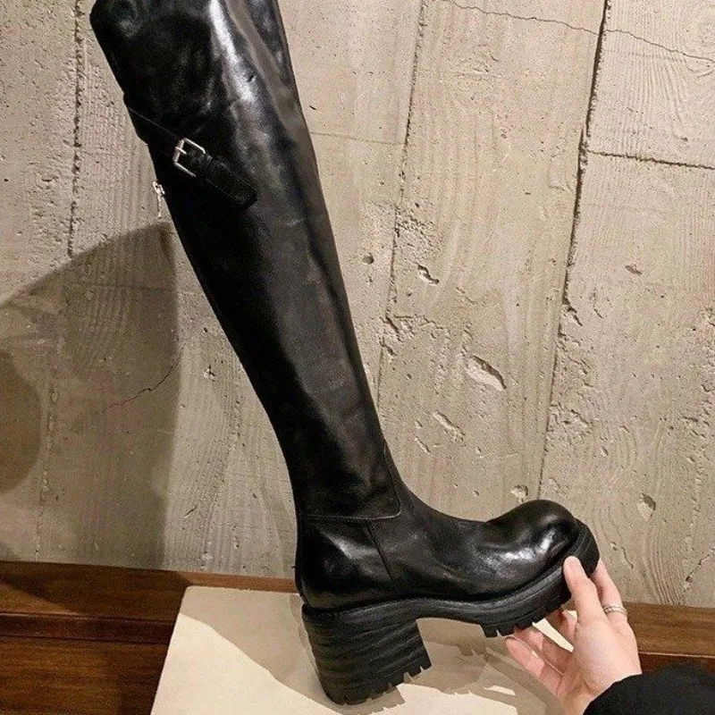 

Сапоги выше колена, женские сапоги выше колена на платформе с квадратной головкой, тонкие эластичные рыцарские сапоги в иностранном стиле с длинными бочонками