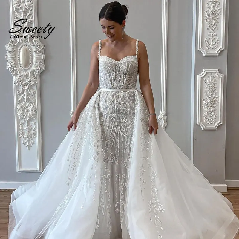 Luxury Mermaid Detachable 2 In 1 Wedding Dress Mermaid Bead With Square Collar Sleeveless Gowns Vestido De Novia Customized Chic