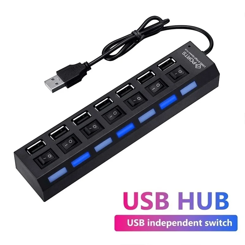 7 Port USB 2.0 Hub Splitter For Laptop PC Computer Accessories Power Adapter Separate Switch Design Portable Desk Expansion Tool
