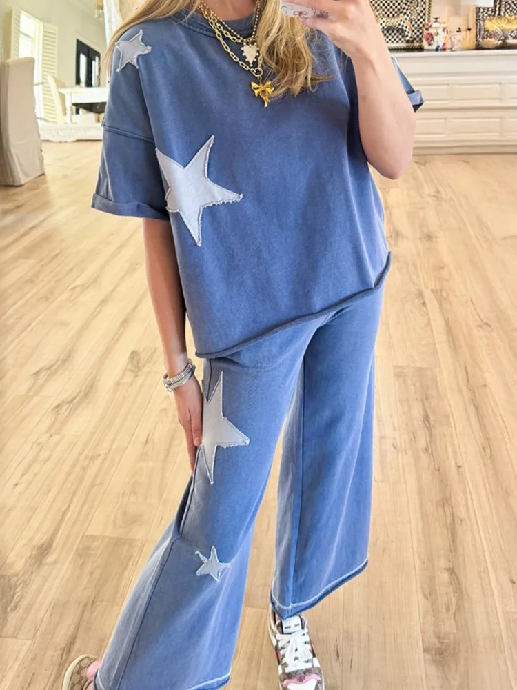 

O Neck Short Sleeve Distressed Women T-shirts And Wide Leg Pant Set 2025 New Star Patch Chic Retro Summer Outfits Female Cloth
